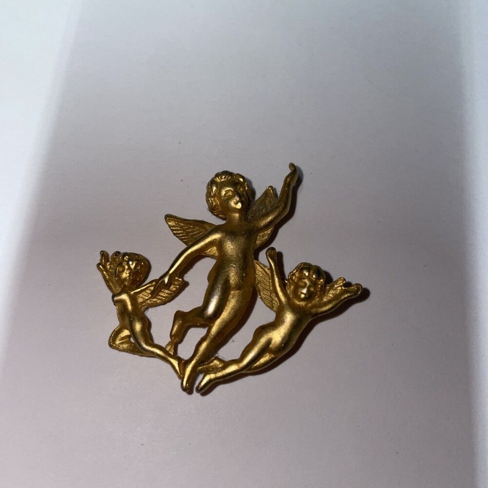 Vintage Gold Tone Angel Trio Brooch